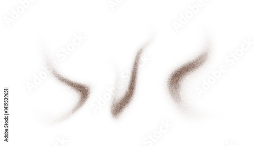Coffee powder chocolate cocoa dust, brown sandy background. Cacao bean particles swirl and splash in realistic motion. Ground cinnamon and sugar scatter in fresh spiral wave design.