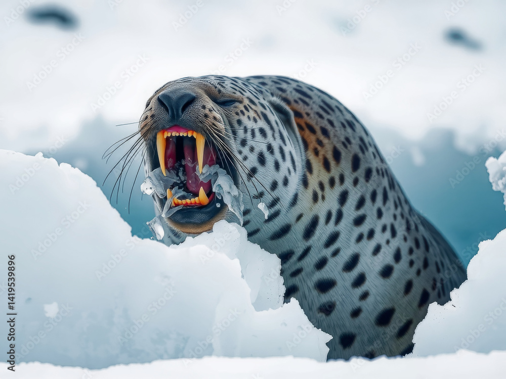 A leopard is in the snow with its mouth open, showing its teeth. The scene is intense and dramatic, with the leopard's fierce expression and the snow-covered landscape creating a sense of danger