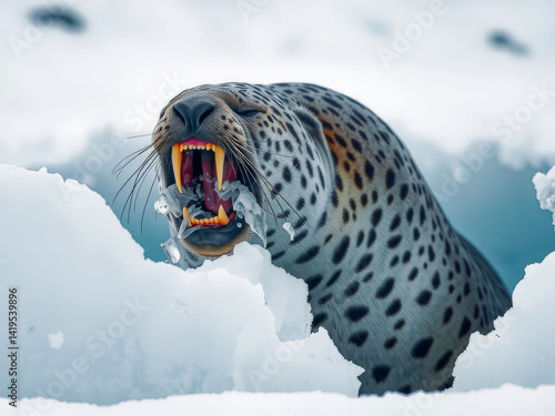 Obraz na płótnie A leopard is in the snow with its mouth open, showing its teeth. The scene is intense and dramatic, with the leopard's fierce expression and the snow-covered landscape creating a sense of danger w salonie