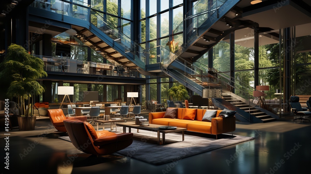 Modern office design open space with stunning glass walls showcasing lush green forest views Warm Modern office design open space with stunning glass walls showcasing lush green forest views Warm