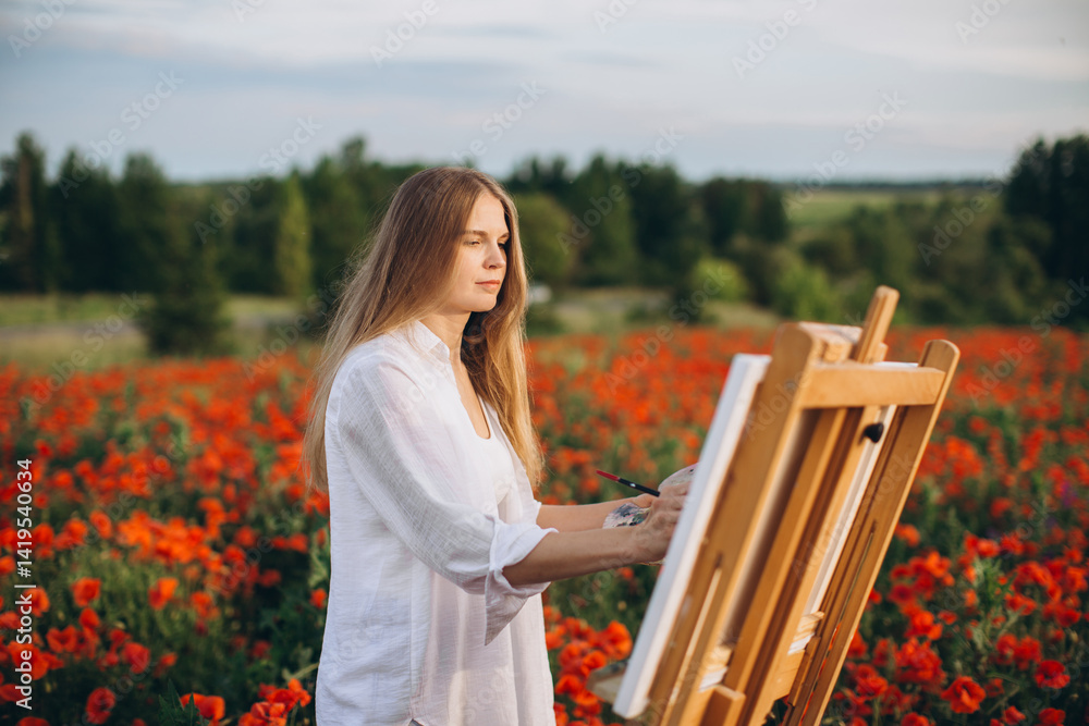 Female artist painting in poppy field, creating art outdoors Female artist painting in poppy field, creating art outdoors