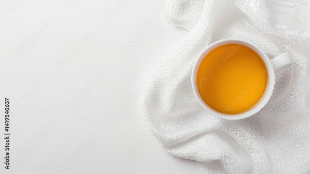 Warm cup of orange tea on soft white silk fabric background Warm cup of orange tea on soft white silk fabric background