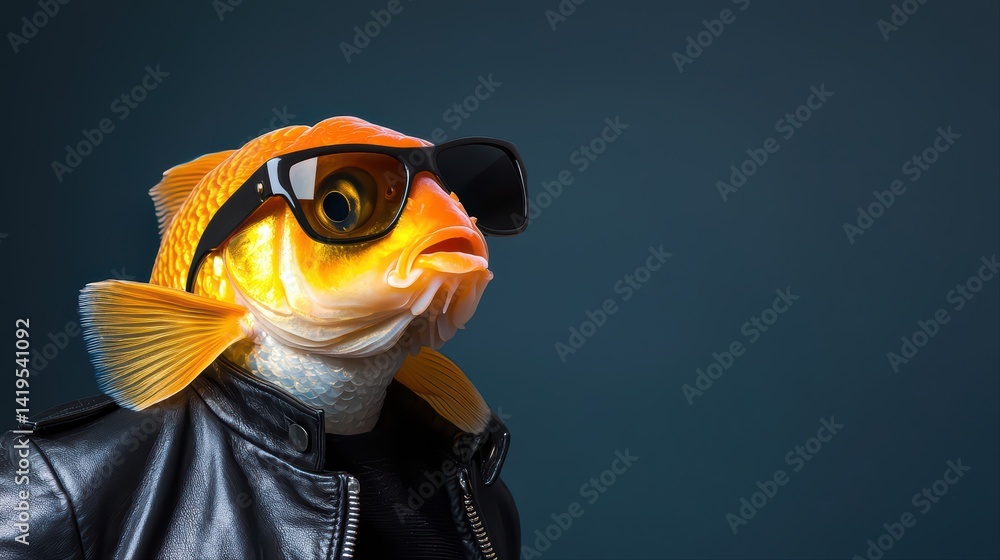 Fototapeta premium Stylish goldfish in sunglasses with leather jacket against a dark background