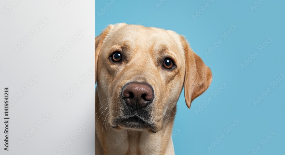 Adorable labrador retriever dog curiously peeking behind a white wall on blue Adorable labrador retriever dog curiously peeking behind a white wall on blue