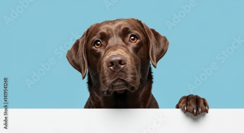 Adorable chocolate labrador retriever peering over a white wall with curiosity