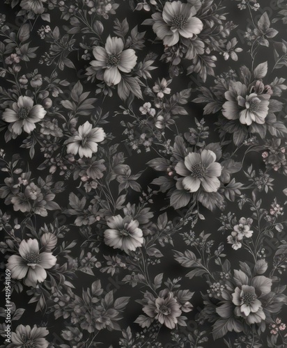 Delicate charcoal floral wallpaper  Small blooms & vintage foliage create seamless pattern , decor, wallpaper, art