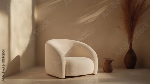 Stylish fluffy chair in a minimalist beige interior setting