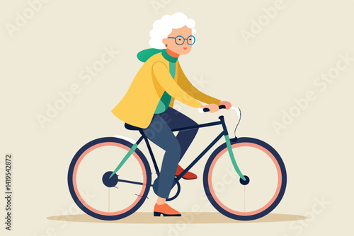 Wallpaper Mural Illustration of a senior woman with glasses riding a bicycle wearing a yellow jacket and blue pants outdoors Torontodigital.ca