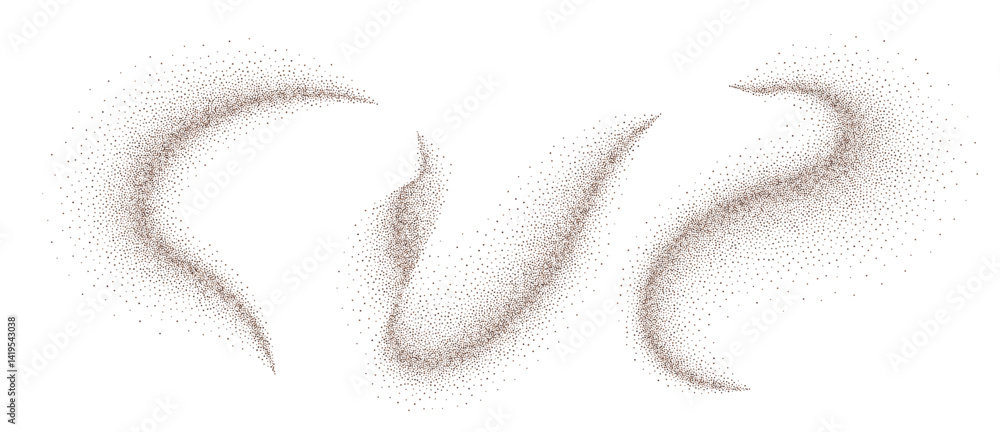 Coffee powder chocolate cocoa dust, brown sandy background. Cacao bean particles swirl and splash in realistic motion. Ground cinnamon and sugar scatter in fresh spiral wave design.