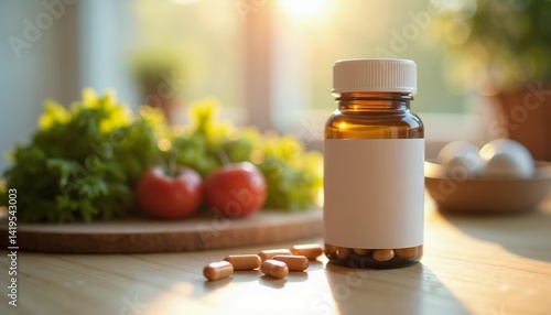 Wallpaper Mural Pills supplements medicine versus fresh produce fruit vegetables healthy natural remedies bright background Torontodigital.ca