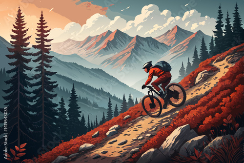 A mountain biker rides down a rocky trail with mountains and trees in the background on a sunny day