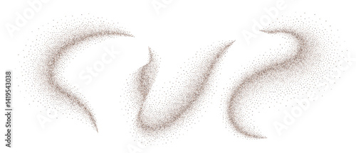 Coffee powder chocolate cocoa dust, brown sandy background. Cacao bean particles swirl and splash in realistic motion. Ground cinnamon and sugar scatter in fresh spiral wave design.