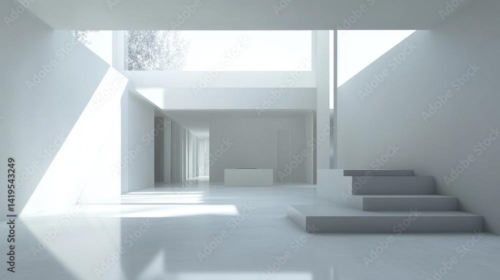 Fototapeta premium A stark white contemporary interior with minimalist steps and light