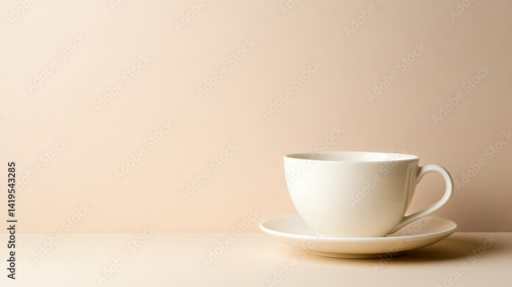A Serene Moment: A White Teacup on a Beige Background A Serene Moment: A White Teacup on a Beige Background