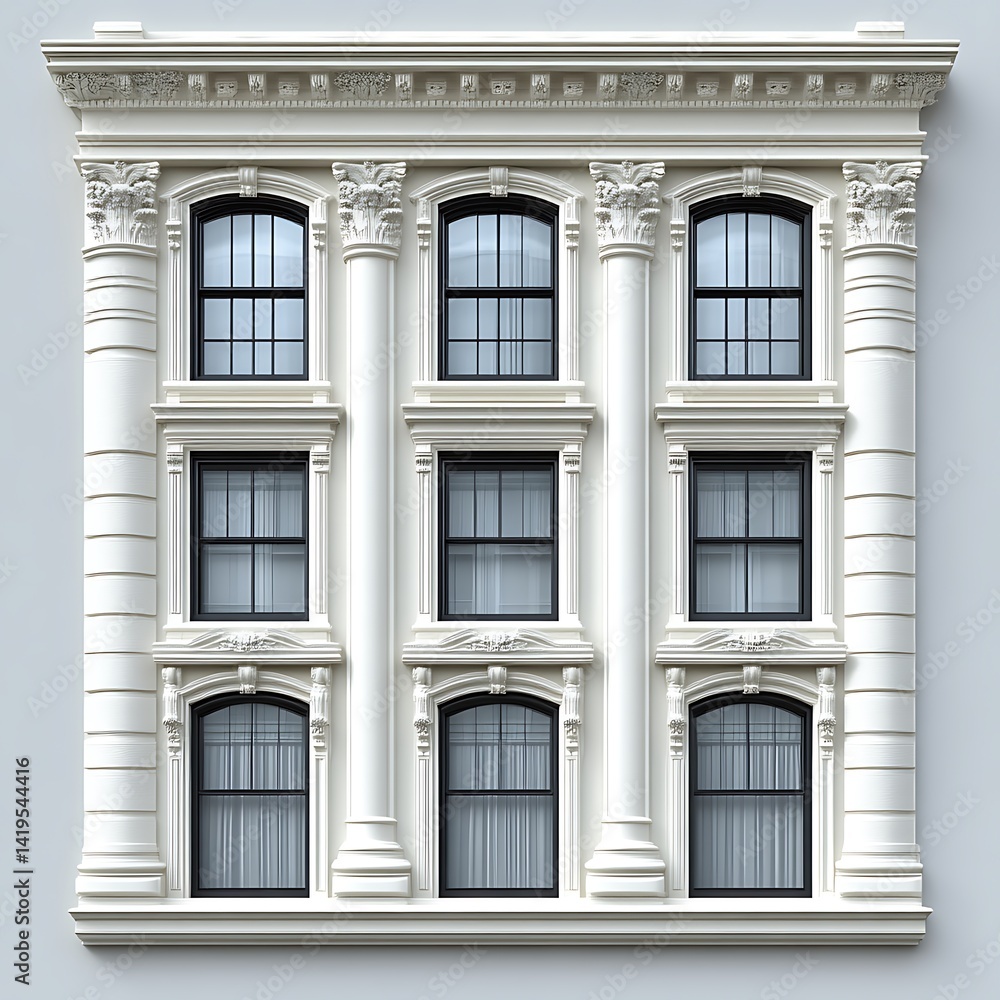 Fototapeta premium Elegant Building Facade with Ornate Windows and Classical Architectural Details