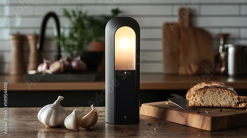 Modern Kitchen Scene with Decorative Lamp, Garlic, Bread, and Wooden Cutting Board