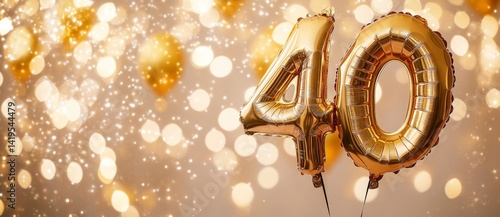 The anniversary celebration features a gold foil balloon in the shape of the number 40, while the birthday card has a yellow background with the number 40 written on it and a golden numeral that
