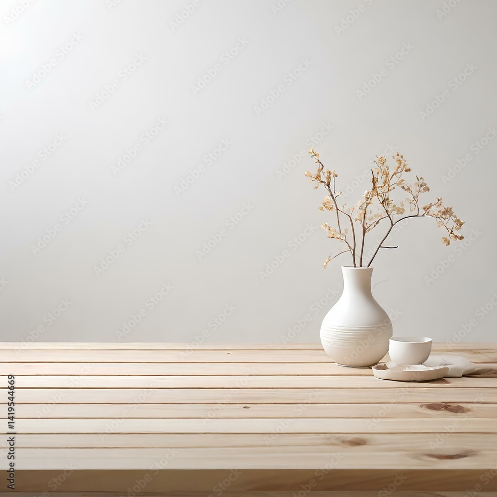 Neat wooden table, white tone background, light studio feel Neat wooden table, white tone background, light studio feel
