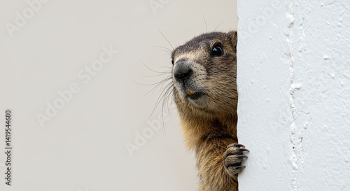 Curious marmot peeking around the corner with attentive expression