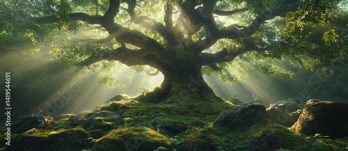 An old tree stands in the forest, accompanied by a creative banner and serving as a copyspace image