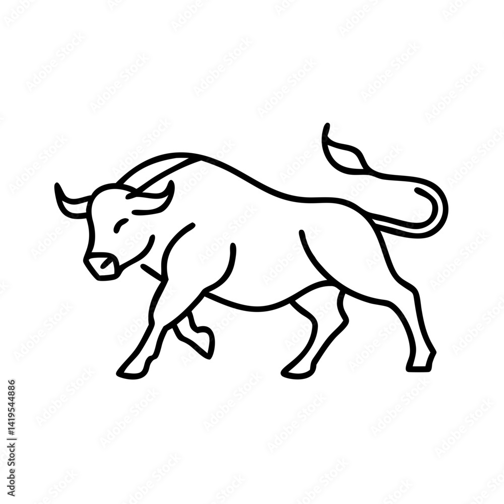 Fototapeta premium Bull walking in minimalist line art style on white background 