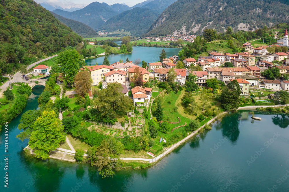 Aerial view of the Kanal ob Soci town in Slovenia.