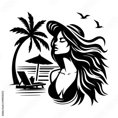 Vector silhouette of woman backpacker in minimalist logo style for outdoor adventures