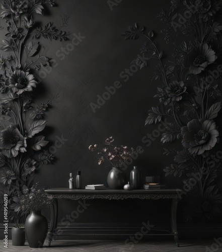 Intricate black charcoal floral wallpaper  Elegant, luxurious, stylish interior design , background, dark, decor