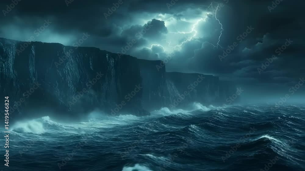 Powerful storm rages over a tumultuous ocean with crashing waves against towering cliffs Powerful storm rages over a tumultuous ocean with crashing waves against towering cliffs