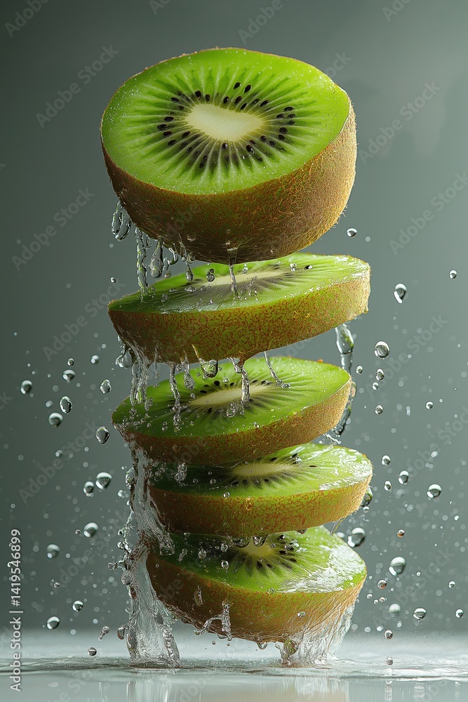 Sliced Kiwi Falling with Splash on White Background