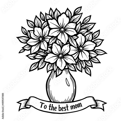 Cororing page for kids for Mother's Day with a bouquet in a vase with a ribbon that says “To the best mom”