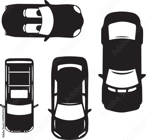Top-Down View of Black and White Car Icons – Simplified Vehicle Silhouettes for Automotive Design

