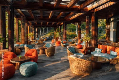 Serene outdoor resting area with bamboo house, rattan furniture, tropical plants, and hanging lanterns. Natural-modern blend for relaxation.