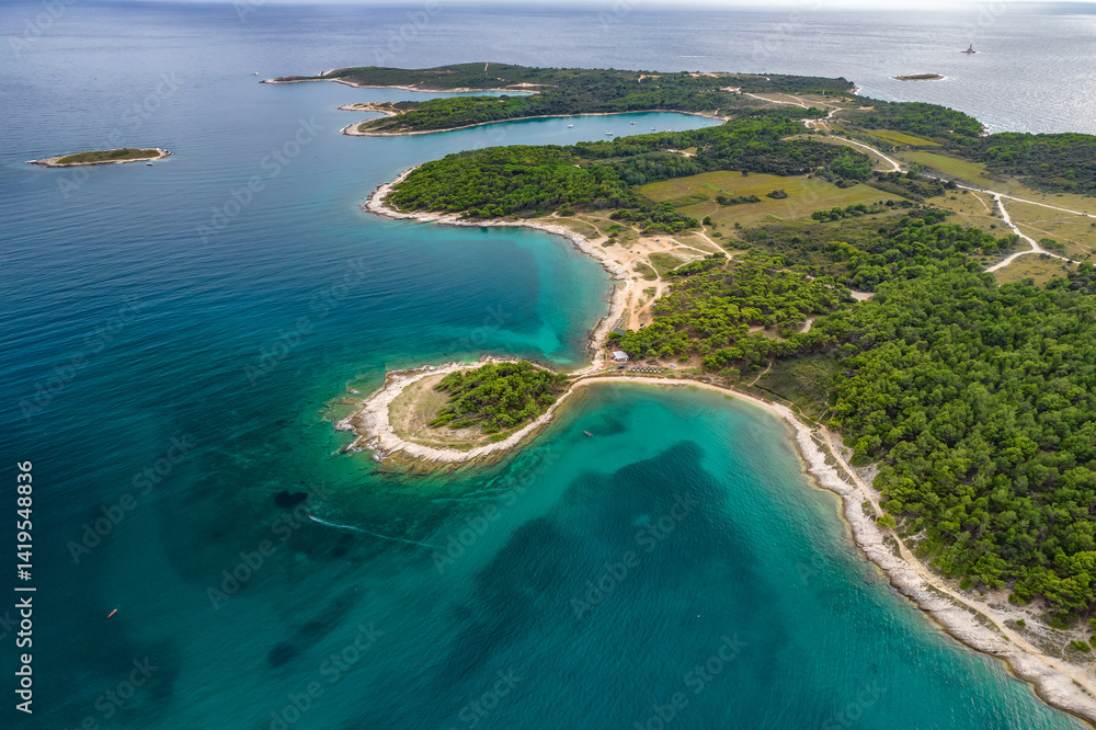 Aerial view of the Adriatic Sea rocky coast near Pula, Istria region, Croatia