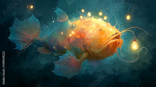 Glowing Orange Anglerfish in Dark Teal Water