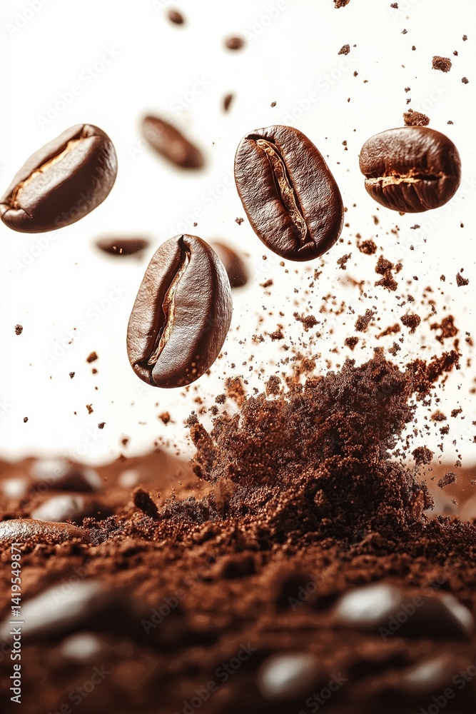 Falling Coffee Beans with Splashing Ground Coffee on White Background