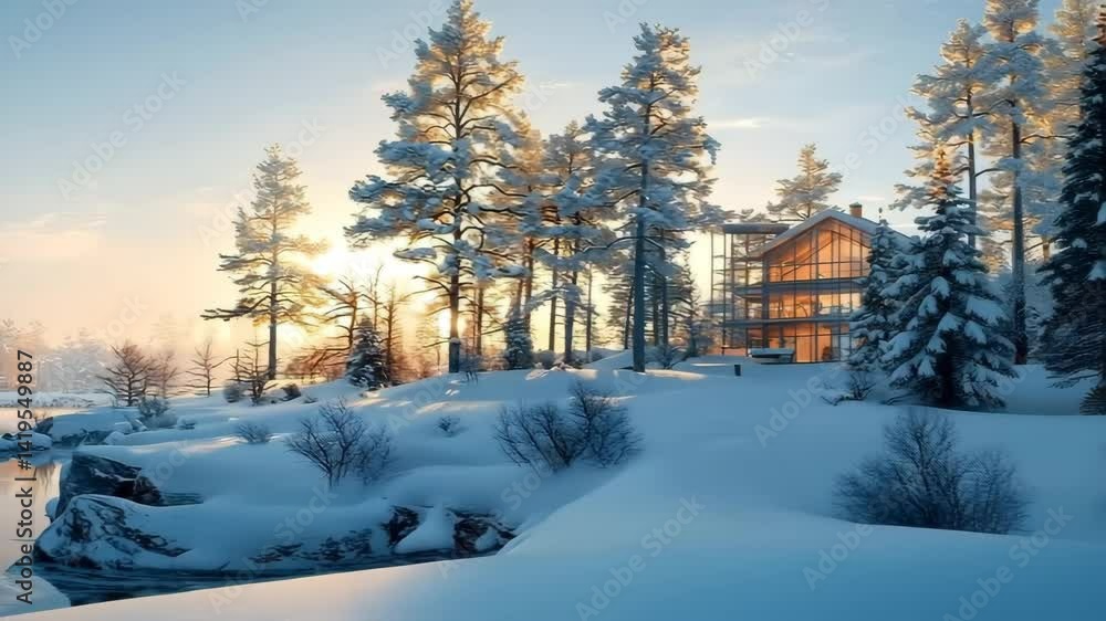 Tranquil winter wonderland with a frozen lake and log cabin at sunset Tranquil winter wonderland with a frozen lake and log cabin at sunset
