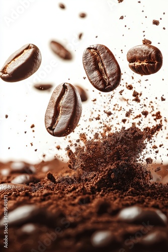 Obraz na płótnie Falling Coffee Beans with Splashing Ground Coffee on White Background w salonie