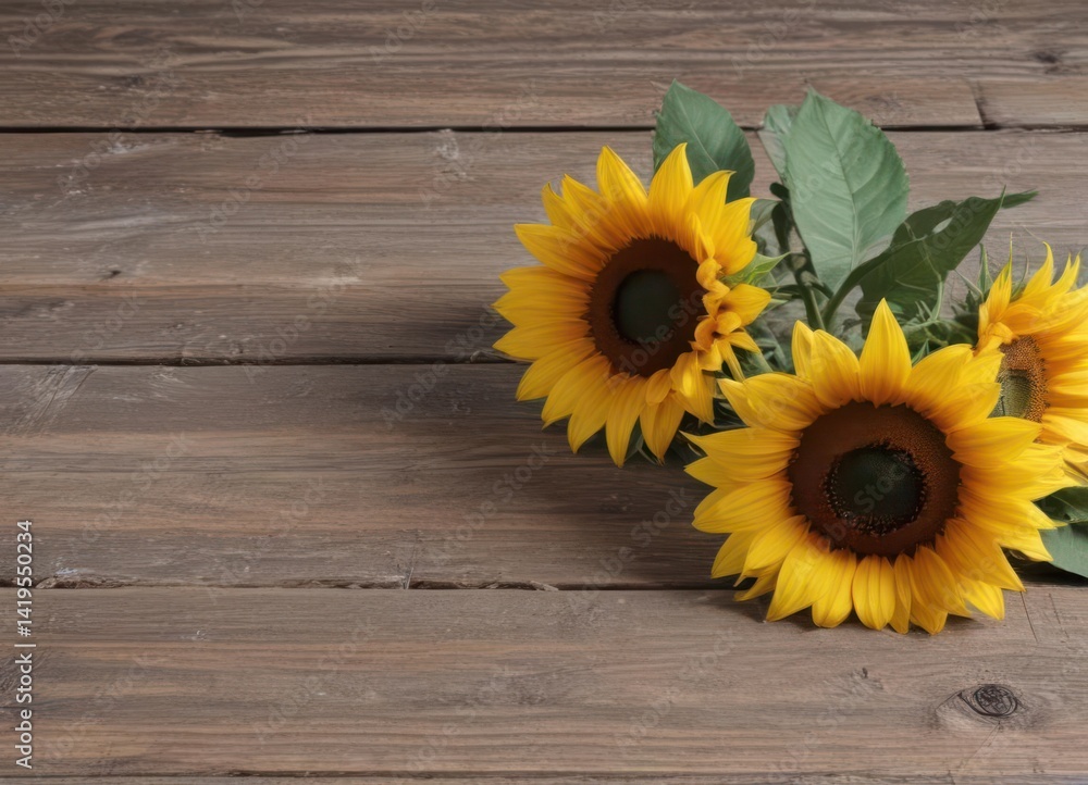 Obraz premium Several sunflowers on weathered wood, natural light , aesthetic, aged