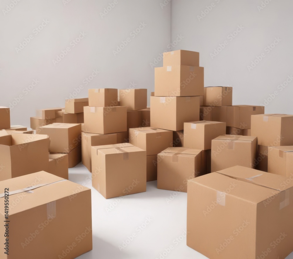 Several empty brown cardboard boxes arranged on a stark white surface , purity, earth, reuse Several empty brown cardboard boxes arranged on a stark white surface , purity, earth, reuse