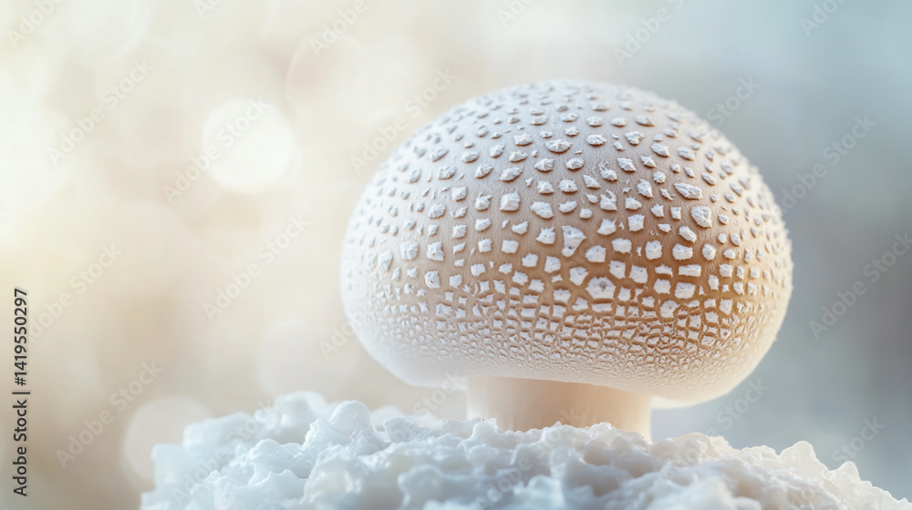 A highly detailed, close-up photograph of a fresh white button mushroom (Agaricus bisporus) on a podium, with soft natural lighting highlighting its texture A highly detailed, close-up photograph of a fresh white button mushroom (Agaricus bisporus) on a podium, with soft natural lighting highlighting its texture