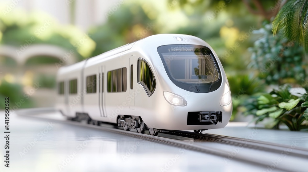 Naklejka premium Modern train in lush garden setting