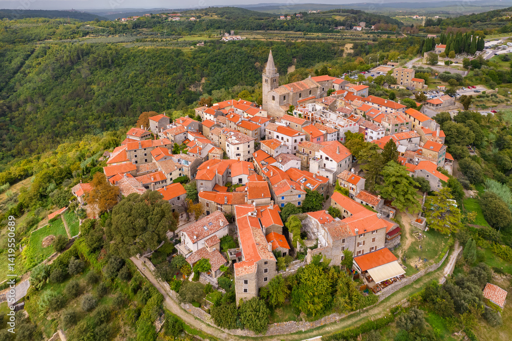 Aerial view of the picturesque historic town of Groznjan, Istria region, Croatia