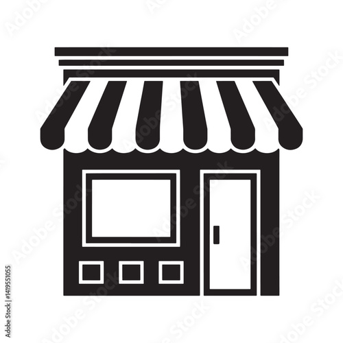 Black Storefront Icon with Striped Awning Representing Retail, Small Businesses, and Shopping for Commercial Establishments, Marketplaces, Editable Vector Illustration isolated on a white background