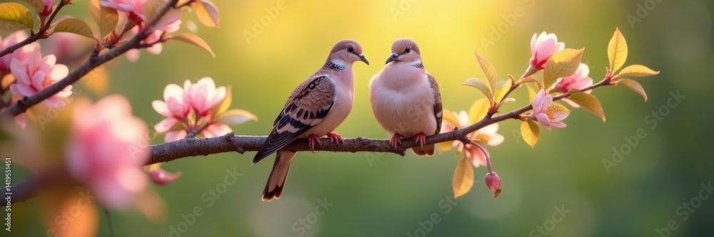 Fototapeta premium Two doves perched side by side on a branch of a blooming tree in the early morning light , doves, morning