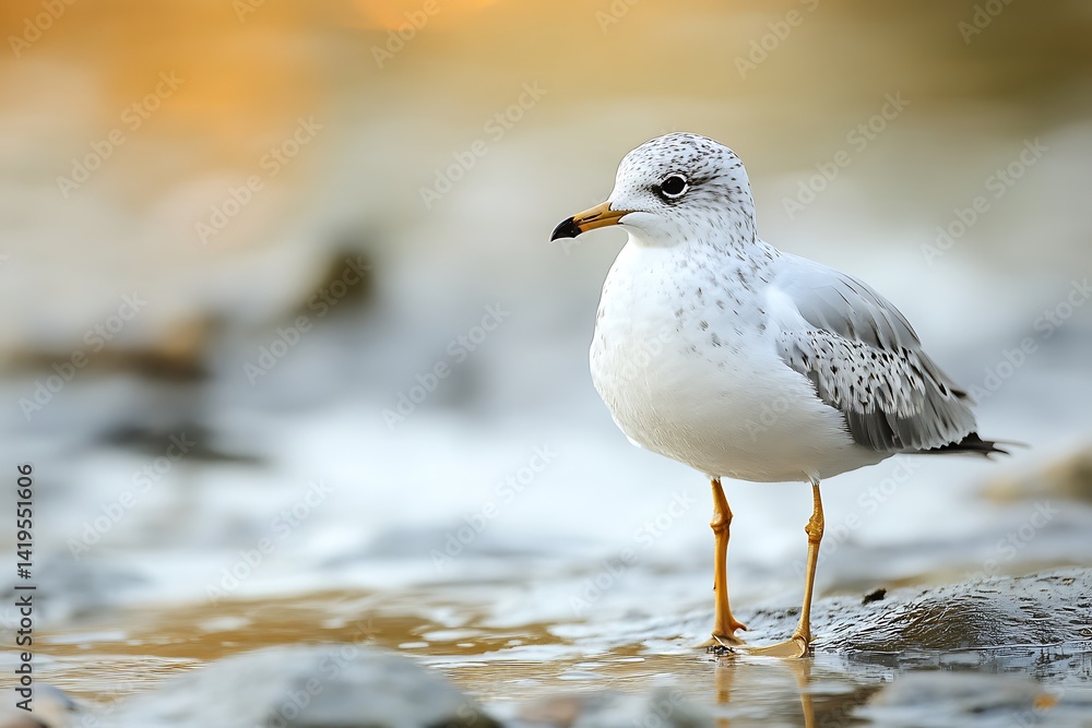Obraz premium Detailed Portrait of a Seagull Standing on Rocky Shore with Soft Lighting