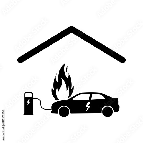 Electric car burning while charging at charger station in garage icon symbol