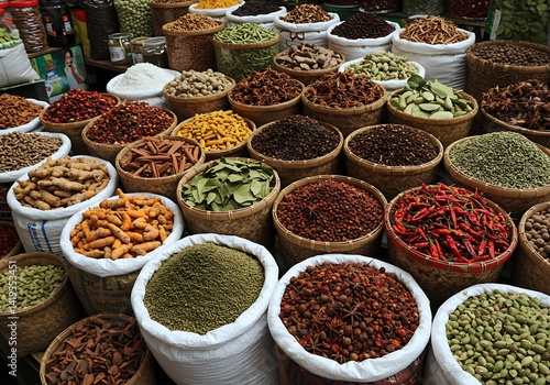 Fototapeta Naklejka Na Ścianę i Meble -  The bustling spice market in Indonesia features a wide array of colorful fresh ingredients including herbs, spices, and dried fruits stacked in baskets