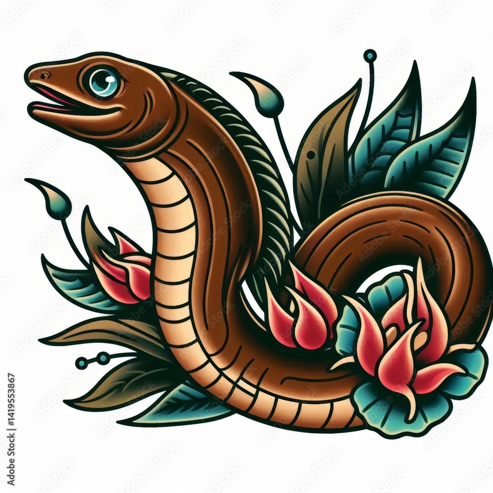 Obraz premium Classic Eel Tattoo Design with Botanical Accents and Smooth Shading