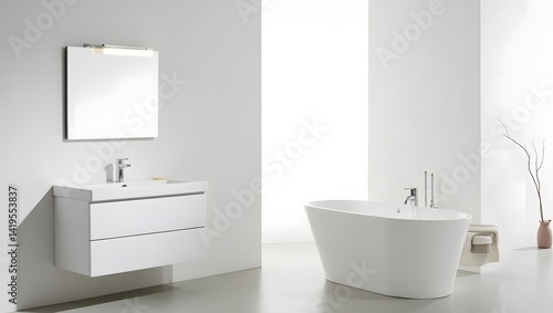 Obraz na płótnie Minimalist white bathroom with clean lines and hidden storage. w salonie